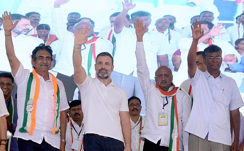 Congress leader Rahul Gandhi during a campaign for party candidates at Yamakanmardi constituency in Belagavi district on Saturday. (Photo | Express) 