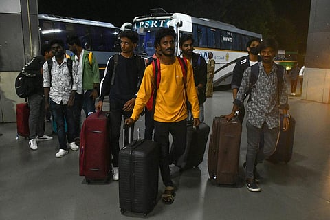 Students who were stranded in violence-hit Manipur reached Vijayawada from Hyderabad airport. (Photo | Prasant Madugula, EPS)