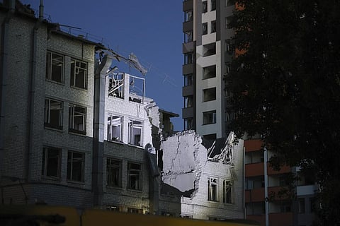 A building damaged by a drone, that was shot down during a Russian overnight strike, in Kyiv, Ukraine. (Photo | AP)
