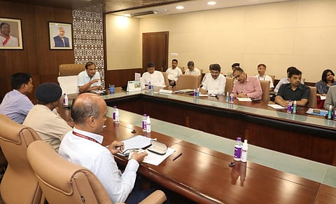 Assam Chief Minister Himanta Biswa Sarma meeting with all the DCs & other officials via video conferencing. (Photo | Twitter)