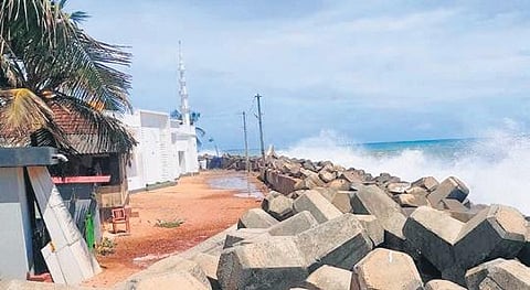 The raging waves from the Arabian Sea batter rocks at Ullal near Mangaluru