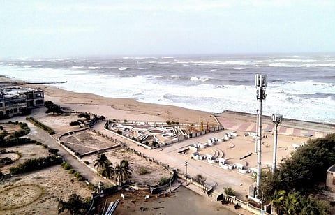 High tides crash against the shoreline ahead of Cyclone Biparjoy's expected landfall, in Porbandar, Monday, June 12, 2023. (Photo | PTI)