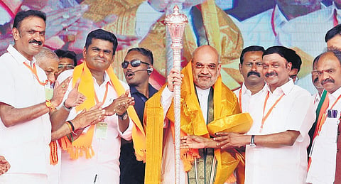 BJP leader and Union Home Minister Amit Shah being honoured at a party public meeting at Vellore on Sunday | S dinesh