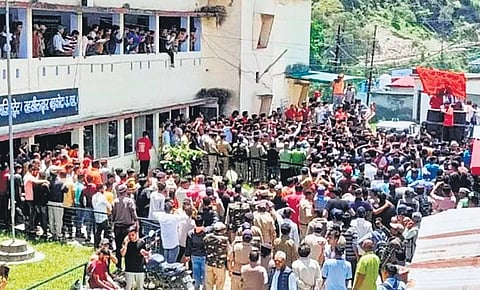 A protest by right-wing that happened in Uttarkashi last week. (Photo | Express)