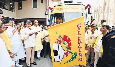 TDP supremo N Chandrababu Naidu flagged off a bus as the party has launched an initiative to create awareness on its manifesto ‘Bhavisyathuku Guarantee’