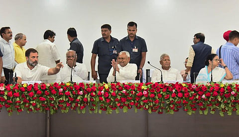The leaders during the joint press conference after the opposition parties' meeting, in Patna, Friday. (Photo | PTI)