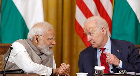 Prime Minister Narendra Modi and President Joe Biden in a meeting with American and Indian business leaders in Washington. (Photo | PTI)