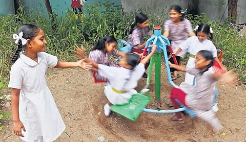 School children play at Mahbubia Girls High School on the first No Bag Day on Saturday | Sri Loganathan Velmurugan