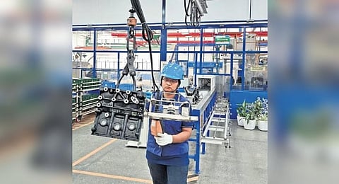A woman working at Ashok Leyland’s the all-woman assembly line in the firm’s Hosur factory | Special arrangement