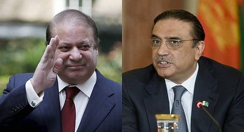 FILE - A collage of Pakistan Muslim League-Nawaz (PML-N) chief Nawaz Sharif (L) and Pakistan Peoples Party (PPP) co-chairman Asif Ali Zardari. (Photo | AP)