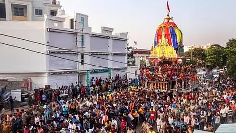 By the day's end, all three chariots were parked in front of the main temple. (Photo | PTI)