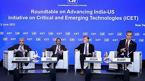 CII's Chandrajit Banerjee, NSA Ajit Doval, US NSA Jake Sullivan and US Ambassador to India Eric Garcetti during a roundtable on iCET in New Delhi, on June 13, 2023. (PTI)