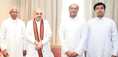 Union Home Minister Amit Shah with Archbishop Andrews Thazhath, Fr Renny Mundenkurien and Fr Alex Maprani at Nedumbassery on Sunday | express