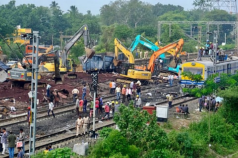 The accident site from Friday's triple train crash in Odisha's Balasore district, where at least 275 people were killed and over 1,100 were injured. (Photo | ANI)