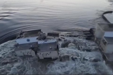 Damaged Kakhovka dam near Kherson. (Photo | AP)