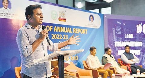 IT Minister KT Rama Rao releases the annual report of the IT, E&C department for 2022-23 at THub in Hyderabad on Monday | Vinay Madapu
