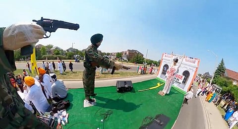 The float depicting the assassination of Indira Gandhi during the parade in Brampton. (Photo | Milind Deora Twitter)