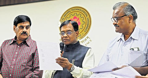 TSCHE chairman Prof R Limbadri releases the results of TS PGECET-2023 in Hyderabad on Thursday | Sri Loganathan Velmurugan