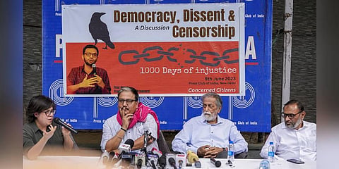 Lawyer Shahrukh Alam, Rajya Sabha MP Manoj Jha, Economist Prabhat Patnaik and Umar Khalid's father SQR Ilyas during a discussion on Umar Khalid's 1000 days in Tihar Jail. (Photo | PTI)