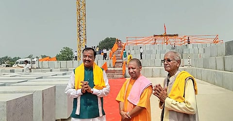 Representational Image: Uttar Pradesh Chief Minister Yogi Adityanath with Dy CM Keshav Prasad Maurya (L) and General Secretary of Shri Ram Janmabhoomi Teerth Kshetra Champat Rai (R). (Photo | PTI)