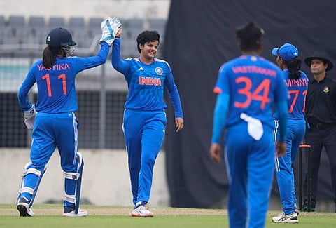 India's Shafali Verma celebrates with teammates after taking a wicket during a T20 match against Bangladesh, at Sher-e-Bangla National Cricket Stadium, in Mirpur, on July 9, 2023. (PTI)