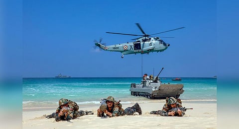 FILE - An image of the tri-service (Army, Navy and Air Force) joint exercise held in Andaman and Nicobar islands, used for representational purposes only. (Photo | PTI)
