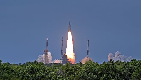 ISRO's Launch Vehicle Mark-III (LVM3) M4 rocket carrying 'Chandrayaan-3' lifts off from the launch pad at Satish Dhawan Space Centre, in Sriharikota (Photo | Ashwin Prasanth, EPS)