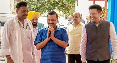 FILE - Delhi Chief Minister and AAP Convener Arvind Kejriwal (C) arrives to attend the opposition parties' meeting, in Patna, Friday, June 23, 2023. (Photo | PTI)