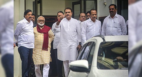 Maharashtra Deputy CM Ajit Pawar along with other party leaders after meeting with NCP president Sharad Pawar, at YB Chavan Centre, in Mumbai. (Photo | PTI)