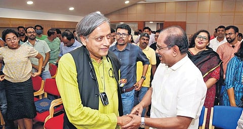 MP Shashi Tharoor arriving to attend the seminar on ‘Future of Jobs in the Times of AI’ at Panampilly Nagar on Saturday. (Photo | T P Sooraj)