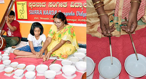 Vidushi Shashikala Dani guides a young enthusiast on jal tarang | D Hemanth