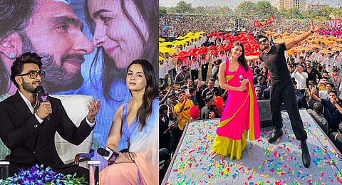 Actors Ranveer Singh and Alia Bhatt during the promotional event of their upcoming movie 'Rocky Aur Rani Ki Prem Kahani', in Vadodara. (PTI)