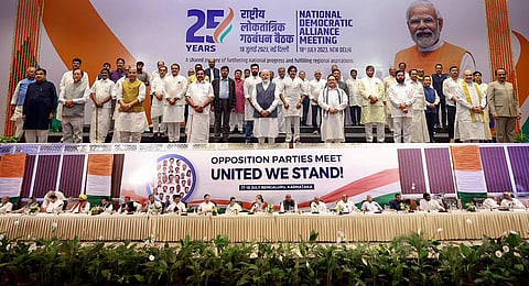 (Top) Leaders of the National Democractic Alliance meet in Delhi. (Bottom) Leaders from India's Opposition parties meet in Bengaluru. (Photos | ANI)