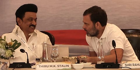 CM MK Stalin and Rahul Gandhi at the Opposition parties meet in Bengaluru (Photo | Twitter)