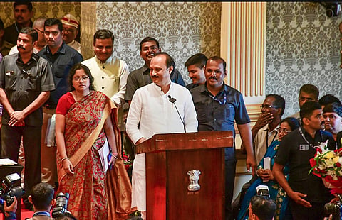 Nationalist Congress Party leader Ajit Pawar takes oath as Maharashtra Deputy Chief Minister, at Raj Bhavan, in Mumbai, Sunday, July 2, 2023. (PTI Photo)