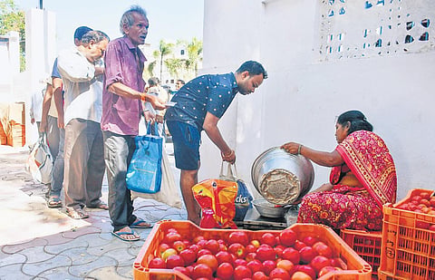 Consumers stand in a queue to buy tomatoes at a subsidised price of `50 a kg at a Rythu Bazaar in Vijayawada on Saturday | Prasant Madugula
