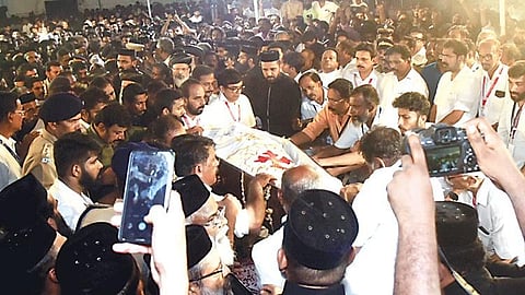Mortal remains of former chief minister Oommen Chandy are laid to rest at St George Orthodox Church at Puthuppally in Kottayam early on Friday. (Photo | A Sanesh)