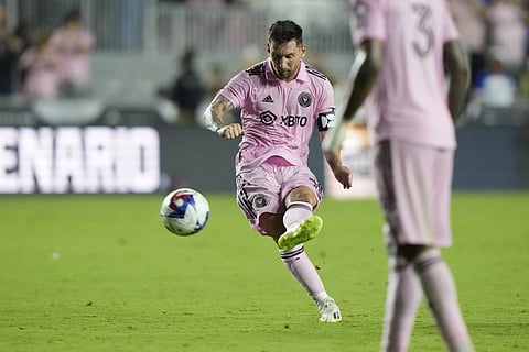 Inter Miami forward Lionel Messi (10) makes a free kick to score a goal during the second half of a Leagues Cup soccer match against Cruz Azul. (Photo | AP)
