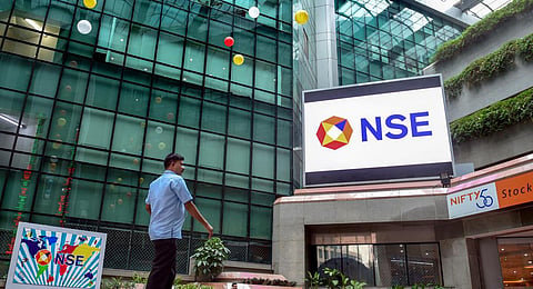 National Stock Exchange (NSE) displayed outside the headquarters in Mumbai. (Photo | PTI)