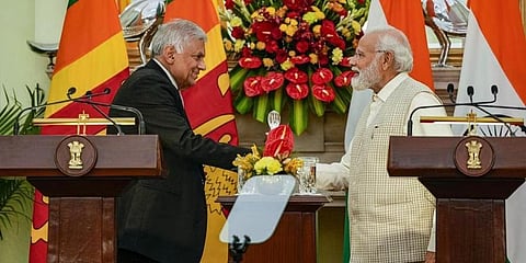 FILE: Prime Minister Narendra Modi and President of Sri Lanka Ranil Wickremesinghe during their joint press statement at Hyderabad House, in New Delhi, Friday, July 21, 2023. (Photo | PTI)
