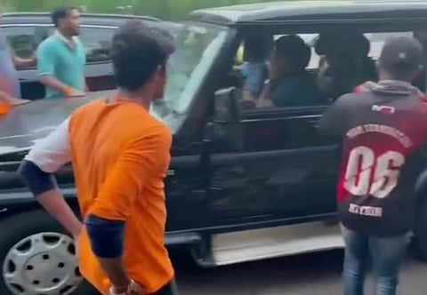 Representational Image: In this September 2021 photograph, Bajrang Dal men seen stopping MBBS students at Surathkal tollgate in Mangaluru. (Photo | Express)