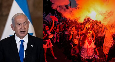 Israelis protest against plans by (L) Prime Minister Benjamin Netanyahu's government to overhaul the judicial system in Tel Aviv, Israel, Saturday, July 15, 2023. (Photos | AP)