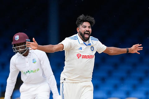 India's Mohammed Siraj celebrates dismissing LBW West Indies' Alzarri Joseph on day four of their second cricket Test match at Queen's Park in Port of Spain, Trinidad and Tobago. (PTI)
