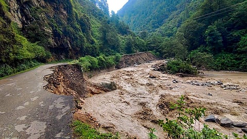 A section of a road washed away after the heavy monsoon rainfall, at Gadsa Valley in Kullu, Tuesday, July 25, 2023. (PTI)