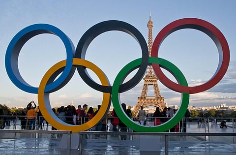 The Olympic rings set up at Trocadero plaza that overlooks the Eiffel Tower.