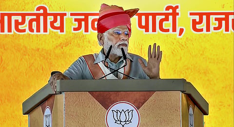 Prime Minister Narendra Modi speaks during a public meeting in Sikar, Thursday. (Photo | PTI)