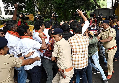 BJP supporters protest outside the residence of Home Minister Dr G Parameshwara in Bengaluru on Thursday. (Photo | Vinod Kumar T)