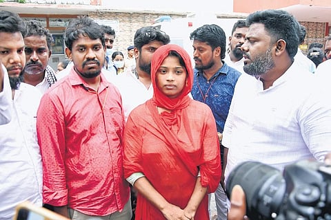 Azeesa Abdul, the boy’s mother, addresses reporters outside the Government Institute of Child Health, on Sunday; (top right) police deployed at RGGGH | Ashwin Prasath