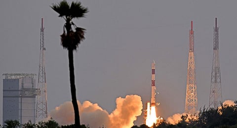 ISRO PSLV-C56 carrying Singapores DS-SAR satellite along with 6 co-passenger satellites lifts off from the launch pad. (Photo | PTI)