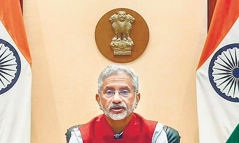 External Affairs Minister S Jaishankar speaks at the Semicon India Conference 2023 via a video conference on Sunday. (Photo | PTI)